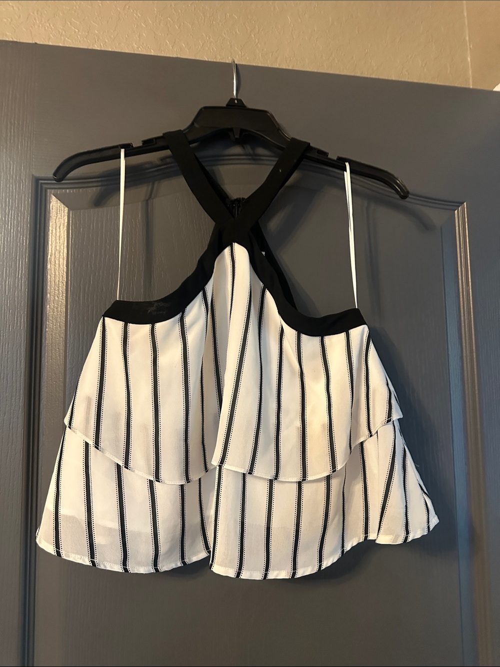 Gianni Bini Black & White Striped Ruffle Halter Tank Top small